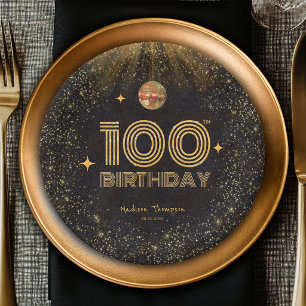 Black Gold Glitter Disco Ball Party 100th Birthday Paper Plate