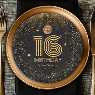 Black Gold Glitter Disco Ball Party 16th Birthday Paper Plate
