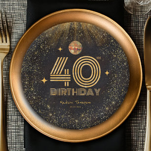 Black Gold Glitter Disco Ball Party 40th Birthday Paper Plate