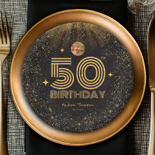 Black Gold Glitter Disco Ball Party 50th Birthday Paper Plate