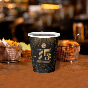 Black Gold Glitter Disco Ball Party 75th Birthday Paper Cups