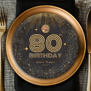 Black Gold Glitter Disco Ball Party 80th Birthday Paper Plate