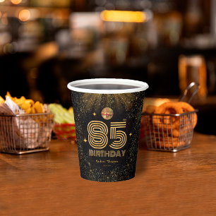 Black Gold Glitter Disco Ball Party 85th Birthday Paper Cups