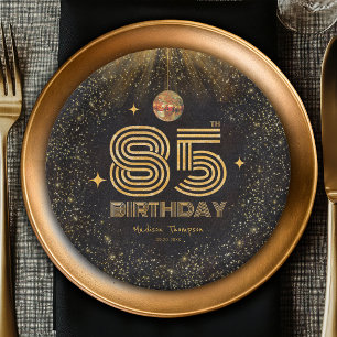 Black Gold Glitter Disco Ball Party 85th Birthday Paper Plate