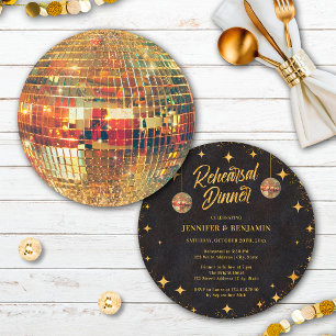 Black Gold Glitter Disco Ball Rehearsal Dinner Invitation