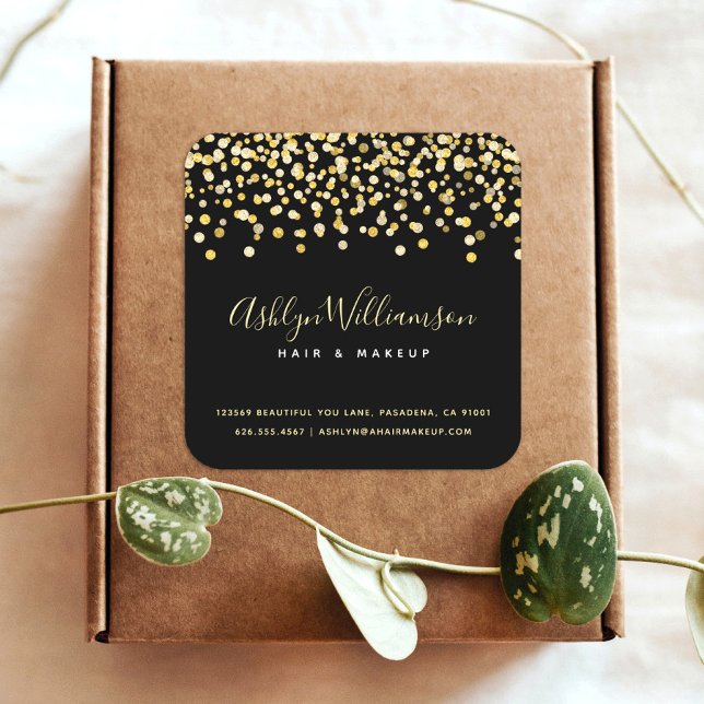 Black gold glitter dots hair stylist makeup artist square sticker (Creator Uploaded)