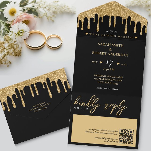 Black & Gold Glitter Drip QR Code Wedding All In One Invitation (Black & Gold Glitter Drip QR Code Wedding All In One Invitation)