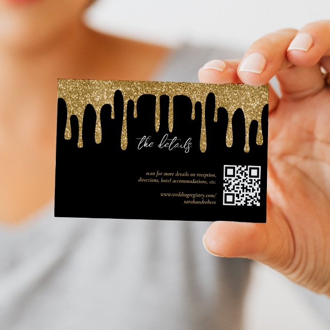Black & Gold Glitter Drip QR Code Wedding Details Enclosure Card (Black & Gold Glitter Drip QR Code Wedding Details Enclosure Card)