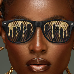 Black & Gold Glitter Drip Retro Sunglasses