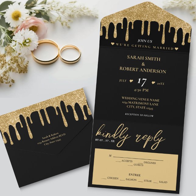 Black & Gold Glitter Drip Wedding All In One Invitation (Black & Gold Glitter Drip Wedding All In One Invitation)