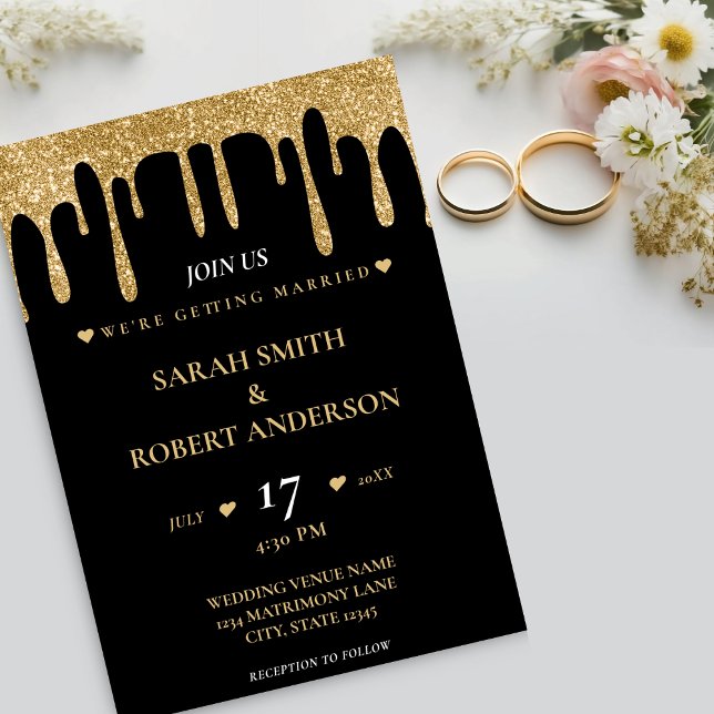 Black & Gold Glitter Drip Wedding Invitation (Black & Gold Glitter Drip Wedding Invitation)