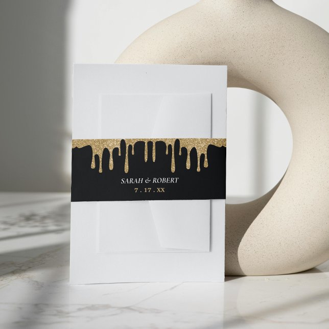 Black & Gold Glitter Drip Wedding Invitation Belly Band (Black & Gold Glitter Drip Wedding Invitation Belly Band)