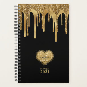 Black Gold Glitter Dripping Paint Monogram Planner