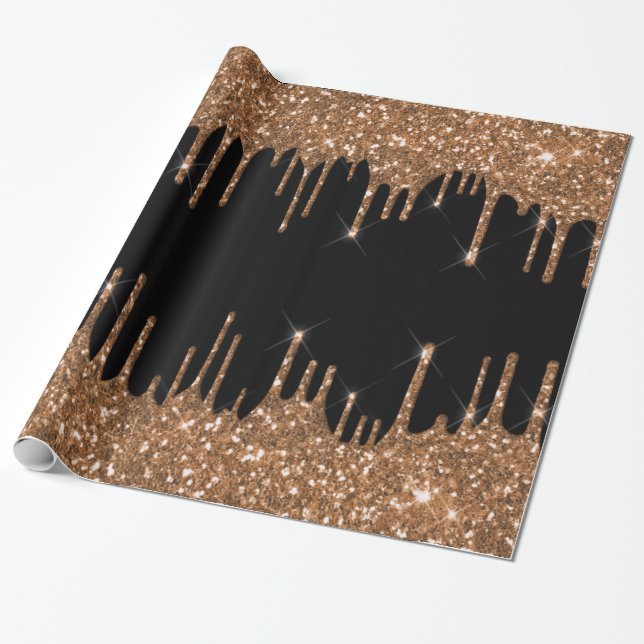 Black gold glitter drips girly luxury wrapping paper (Unrolled)
