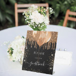 Black gold glitter drips guest book sign<br><div class="desc">Black background. Decorated with dark faux gold glitter drips,  dust and golden balloons. With the text: Please sign the guest book.</div>
