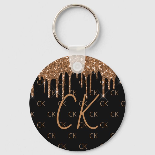 Black gold glitter drips monogram initials key ring (Front)