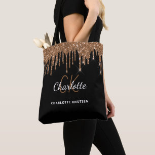 Black gold glitter drips monogram initials tote bag