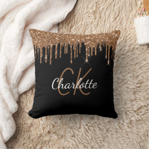 Black gold glitter drips monogram name cushion