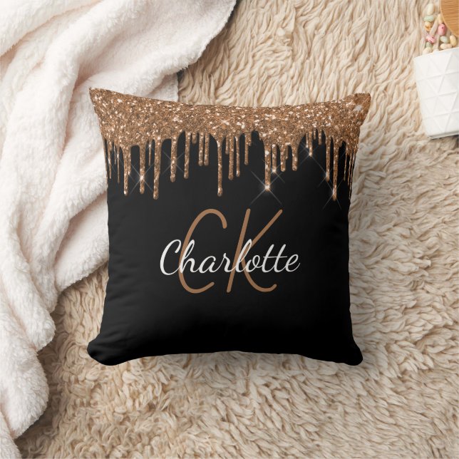 Black gold glitter drips monogram name cushion (Blanket)