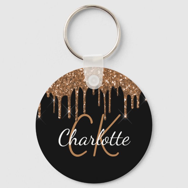 Black gold glitter drips monogram name key ring (Front)