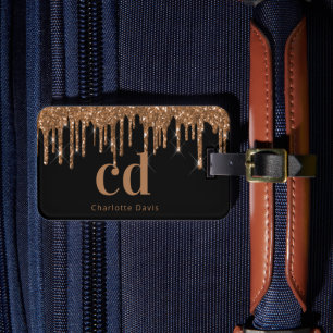 Black gold glitter drips monogram name luggage tag