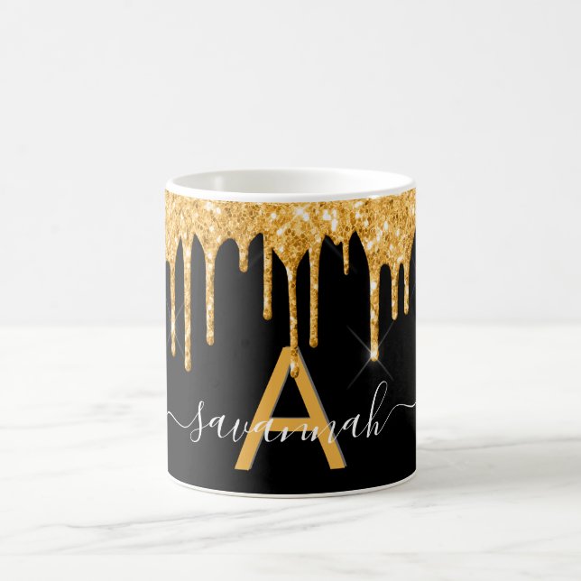 Black gold glitter drips monogram name script coffee mug (Center)