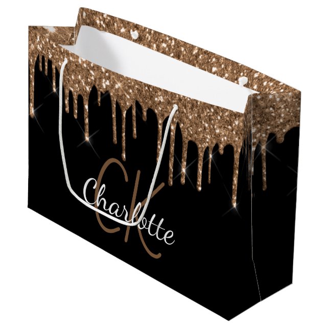 Black gold glitter drips monogram name script large gift bag (Front Angled)