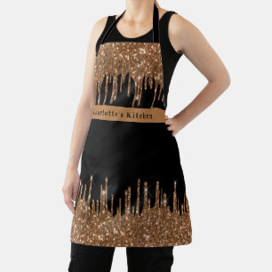 Black gold glitter drips monogram name text  apron