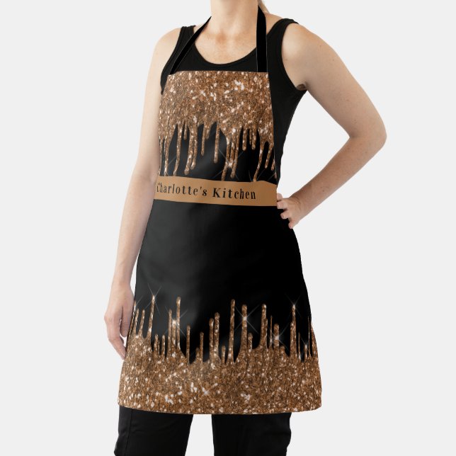 Black gold glitter drips monogram name text  apron (Insitu)