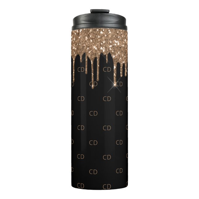 Black gold glitter drips monogram pattern thermal tumbler (Front)