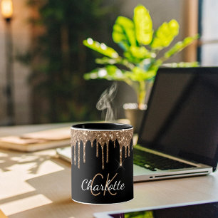 Black gold glitter drips monogram script elegant  mug