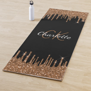 Black gold glitter drips monogram script elegant  yoga mat