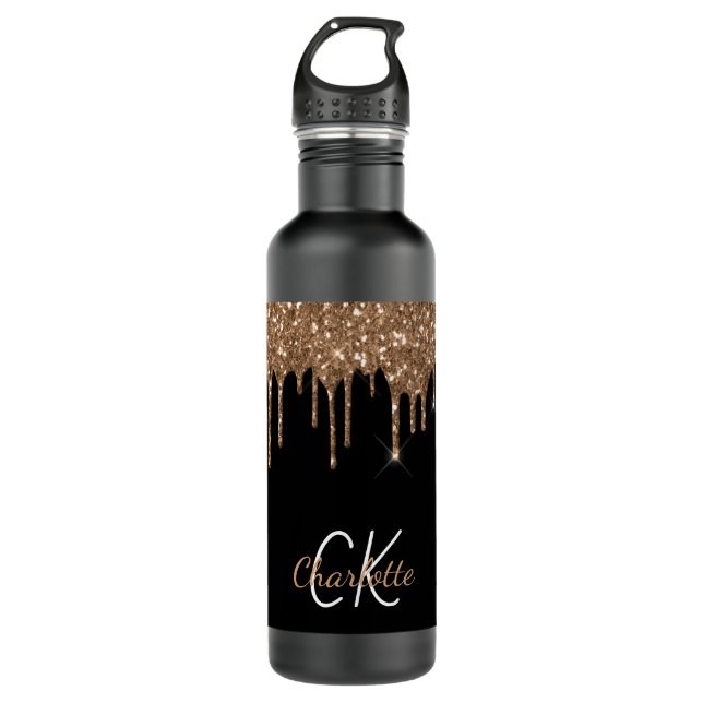 Black gold glitter drips monogram sparkle chic 710 ml water bottle (Front)