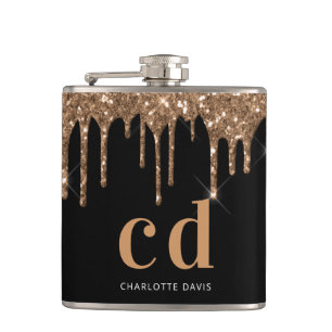 Black gold glitter drips monogram sparkle elegant hip flask