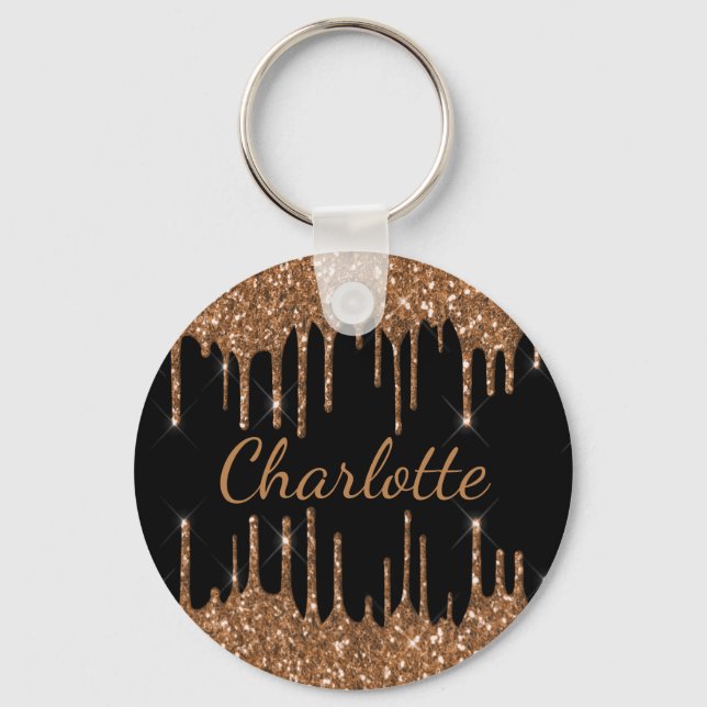 Black gold glitter drips name sparkle key ring (Front)