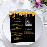 Black gold glitter drips photo Bio Meny card<br><div class="desc">Personalise and add your name,  date,  event and the menu. Black background,  decorated with faux gold glitter drips.
Back: add a photo,  BIO/Fun facts</div>