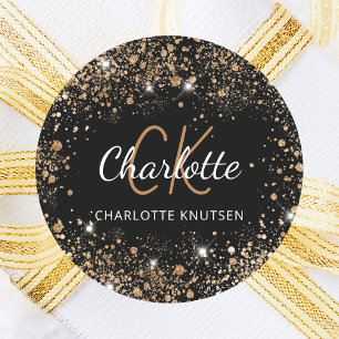 Black gold glitter dust monogram initials name classic round sticker