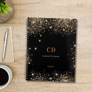 Black gold glitter dust monogram initials notebook