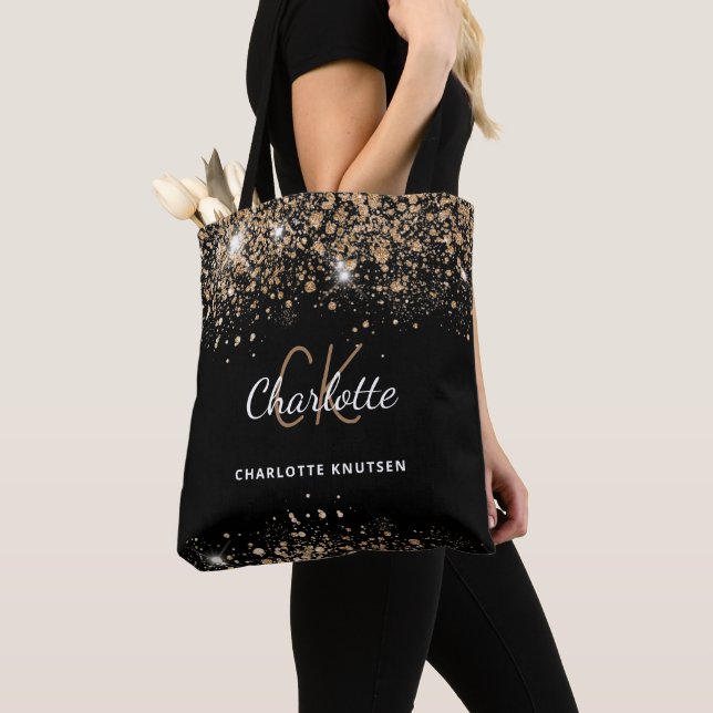 Black gold glitter dust monogram initials tote bag (Close Up)