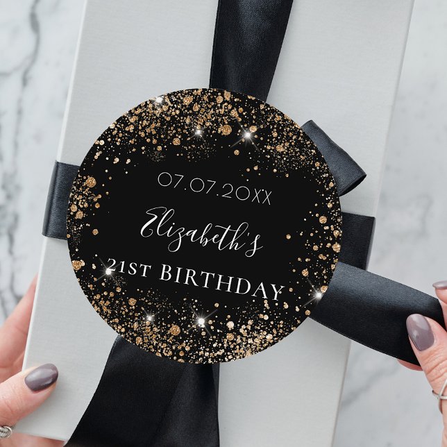 Black gold glitter dust monogram name date classic round sticker (Creator Uploaded)