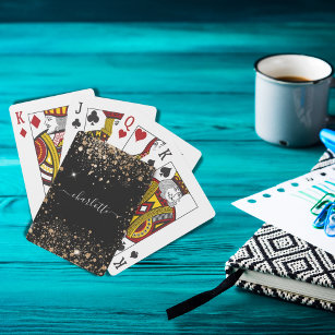 Black gold glitter dust name script playing cards