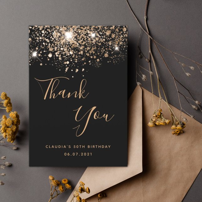 Black gold glitter elegant script birthday thank you card (Creator Uploaded)