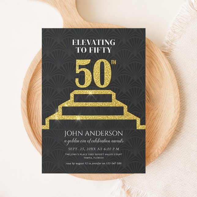 Black & Gold Glitter Elevating to Fifty Birthday Invitation (Creator Uploaded)