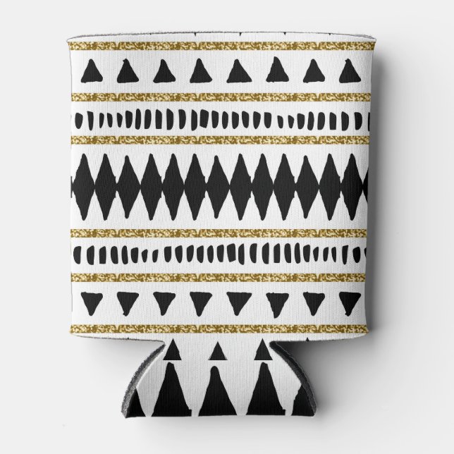 Black Gold Glitter Ethnic Pattern Can Cooler (Front)