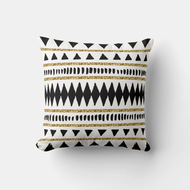 Black Gold Glitter Ethnic Pattern Cushion (Front)