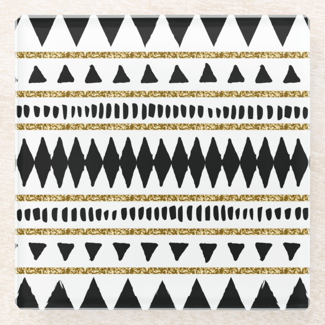 Black Gold Glitter Ethnic Pattern Glass Coaster (Front)