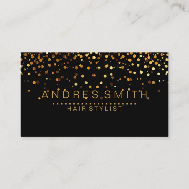 Black Gold Glitter Faux Foil Confetti Hair Stylist Business Card (Front)