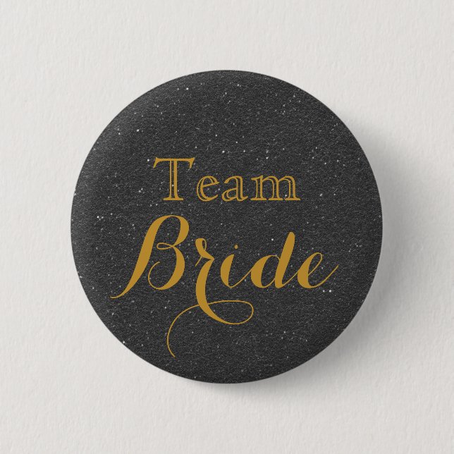 Black Gold Glitter Faux Foil Wedding Team Bride 6 Cm Round Badge (Front)