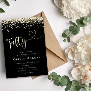 Black Gold Glitter Fifty Script 50th Invitation