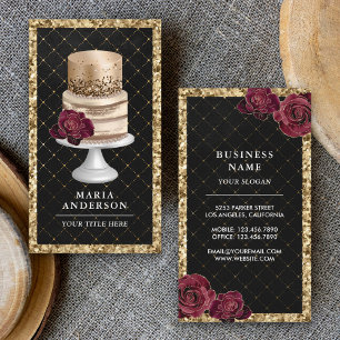 Black Gold Glitter Floral Cake Pastry Chef Bakery Business Card